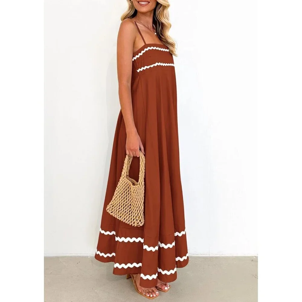 Women's Rust Casual Sleeveless Spaghetti Strap Ruffle Beach Maxi Dress
